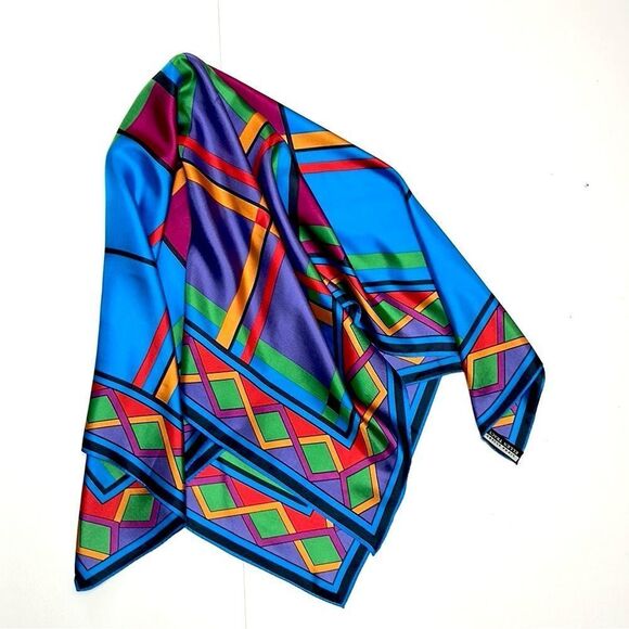 Linda Allard Ellen Tracy Silk Square Scarf Bright Colors Geometric Print Japan - Picture 2 of 11